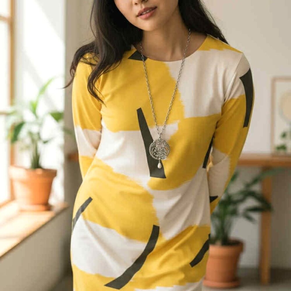 Vintage R&K Originals Yellow White Black Shift Dress Shoulder Pads Size 12 USA!